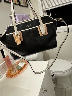 Coach Black Leather Shoulder Bag with Cream and Tan Trim